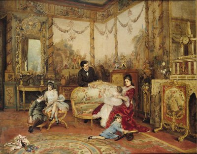 Victorien Sardou (1831-1908) und seine Familie in ihrem Wohnzimmer in Marly-le-Roi, ca. 1875 von Auguste de la Brely